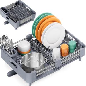 Expandable Dish Drying Rack with Drainboard, Gray