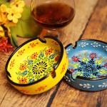 Ashtray Set Cigarette Ash Tray for Indoor Outdoor Use Ash Holder for Smokers Desktop Smoking Ash Tray - Home Office Decoration Hand-Paint Ceramic Cigar Ashtrays (2 pcs Large - Yellow and Blue)