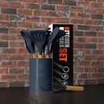 Silicone Cooking Utensils Set - 446°F Heat Resistant Silicone Kitchen Utensils for Cooking,Kitchen Utensil Spatula Set w Wooden Handles and Holder, BPA FREE Gadgets for Non-Stick Cookware (Navy Blue)