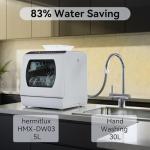 Hermitlux Portable Countertop Dishwashes, 5 Washing Programs Mini Dishwasher with 5-Liter Built-in Water Tank for Apartments & RVs, Tabletop Dishwasher with LED Light & Glass Door, No Hookup Needed