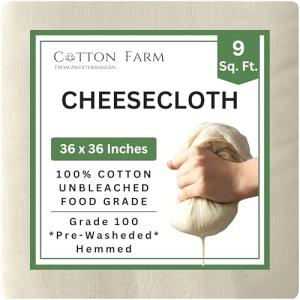 Cotton Farm Grade 100 XL Cheese Cloth - Straining & More; 36x36 Inch; 100% Unbleached Cotton Cheesecloth; Reusable with Hemmed 2 Edges; Ultra-Dense (the finest) Butter Muslin