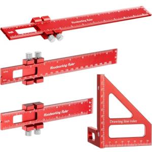 Saysurey 4 Pcs Woodworking Ruler, Metal Precision Pocket Rulers 12, 8, 6 Inch with 3D Multi Angle Measuring Ruler 45/90 Degree for Precision Measuring Marking Inch and Metric