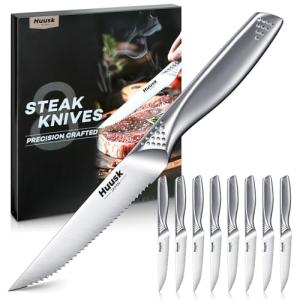 Huusk Serrated Steak Knives Set, 4.5" Japanese Stainless Steel Steak Knives Set of 8, Sharp Dishwasher Safe Dinner Knife for Kitchen Table with Gift Box