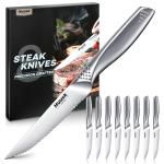 Huusk Serrated Steak Knives Set, 4.5" Japanese Stainless Steel Steak Knives Set of 8, Sharp Dishwasher Safe Dinner Knife for Kitchen Table with Gift Box