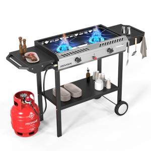 ROVSUN 2 Burner Outdoor Propane Gas Stove with Auto-ignition, Regulator & Side Shelves, 150,000 BTU Powerful Stand Cooker for Backyard Patio Cooking Home Brewing Canning Turkey Frying