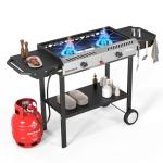 ROVSUN 2 Burner Outdoor Propane Gas Stove with Auto-ignition, Regulator & Side Shelves, 150,000 BTU Powerful Stand Cooker for Backyard Patio Cooking Home Brewing Canning Turkey Frying