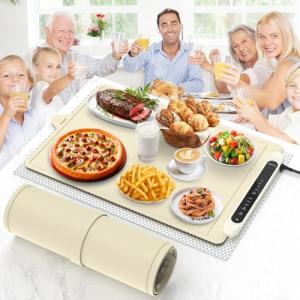 Food Warming Mat Electric Tray: Adjustable Silicone Heating Pad with 3 Temperature Settings 4 Timer Function Portable Roll Up Hot Plate for Buffets Party Gatherings Kitchen Warmer Countertop Holiday