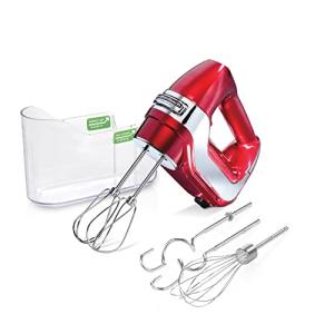 Hamilton Beach Professional 5-Speed Electric Hand Mixer with High-Performance DC Motor, Slow Start, Snap-On Storage Case, Stainless Steel Beaters, Dough Hooks & Whisk, Red and Chrome (62653)