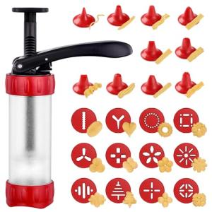 Cookie Press Set, Churro Maker with 12 Discs and 10 Cake Decorating Tips, Cookie Press for Biscuit and Churro, Red