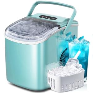 Portable Ice Maker Machine with Handle, 26lbs/24Hrs, 6Mins/9 Ice Cubes, Self-Cleaning with Basket/Scoop, Countertop Ice Makers for Home/Kitchen/Office(Green)