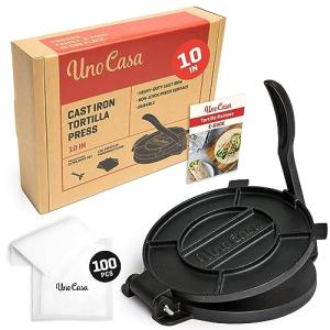 Uno Casa Cast Iron Tortilla Press 10 Inch - Tortilla Maker Press, Pre-Seasoned Roti Maker with 100 Pcs Parchment Paper - Heavy Duty Quesadilla Maker for Homemade Flatbreads, Rotis, Empanadas
