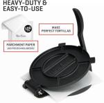 Uno Casa Cast Iron Tortilla Press 10 Inch - Tortilla Maker Press, Pre-Seasoned Roti Maker with 100 Pcs Parchment Paper - Heavy Duty Quesadilla Maker for Homemade Flatbreads, Rotis, Empanadas