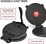 Uno Casa Cast Iron Tortilla Press 10 Inch - Tortilla Maker Press, Pre-Seasoned Roti Maker with 100 Pcs Parchment Paper - Heavy Duty Quesadilla Maker for Homemade Flatbreads, Rotis, Empanadas
