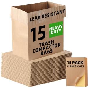 (15-Pack) Calvana Super Strong Compactor Bags, Heavy-Duty Kitchen Paper Trash Bags with Leak Proof Plastic Liner, Fits GE Model Compactors with Rectangular Containers, Includes 15 Sticker Seals