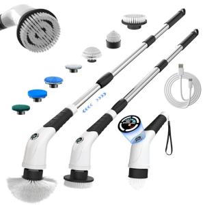 CSPC Electric Spin Scrubber,Cordless Cleaning Brush, 3-Speed,7 Replaceable Brush Heads & Long Detachable Handle, LCD Display Shows RPM/Torque/Battery, for Bathroom, Kitchen, Tile