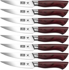 HOSHANHO Steak Knife Set 8 Pieces, 4.5 Inch Super Sharp High Carbon Stainless Steel Steak Knife Set, Professional Premium Serrated Precise Cutting with Ergonomic Wood Handle