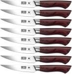 HOSHANHO Steak Knife Set 8 Pieces, 4.5 Inch Super Sharp High Carbon Stainless Steel Steak Knife Set, Professional Premium Serrated Precise Cutting with Ergonomic Wood Handle