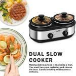 Sunvivi Dual Pot Slow Cooker, 2 Pot Small Mini Crock Buffet Server and Warmer, Upgraded Oval Ceramic Double Pot Buffet Food Warmer Adjustable Temp Glass Lid, Total 2.5 Quarts