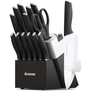 Astercook Knife Set, Kitchen Knives with Block and Sharpener Ceramic Coating 15 Pcs German Stainless Steel Knives Sharp Blade Dishwasher Safe Kitchen Utensils Set with Ergonomic Handle, Elegant Black