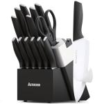 Astercook Knife Set, Kitchen Knives with Block and Sharpener Ceramic Coating 15 Pcs German Stainless Steel Knives Sharp Blade Dishwasher Safe Kitchen Utensils Set with Ergonomic Handle, Elegant Black