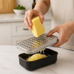 2 In 1 Cheese Grater with Container and Lid Metal Handheld with Storage Box Stainless Steel – Citrus Lemon Zester, Fruit Vegetable Onion Choppers, Airtight Includes Hand Peelers, Grinder, Shredder