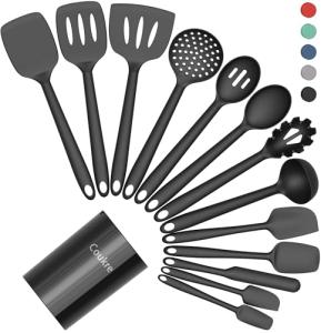 Coukre Silicone Kitchen Cooking Utensils Set with Holder – Heat-Resistant, Food-Grade Kitchen Tools, Spatula, Spoon & Gadgets for Non-Stick Pans, Dishwasher Safe (14, PureBlack)