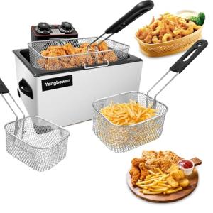 5L 1300W Deep Fryer with 3 Baskets, Yangbowan Electric Deep Fryer for Home Use, with Time & Temperature Control, Stainless Steel Lid with Viewing Window and Perfect for Kitchen, Fish Fry