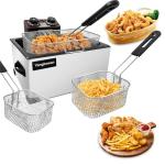 5L 1300W Deep Fryer with 3 Baskets, Yangbowan Electric Deep Fryer for Home Use, with Time & Temperature Control, Stainless Steel Lid with Viewing Window and Perfect for Kitchen, Fish Fry
