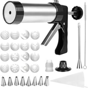 Churro Maker Machine Kit - Stainless Steel Churro Gun with 8 Piping Nozzles, 16 Discs, 1 Brush & Piping Bag, Multifunctional Cookie Press for Homemade Churros, Donuts, and Pastries