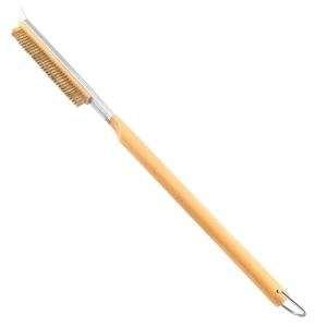 26'' Pizza Brush with Stainless Steel Stone Scraper - Brass Bristles - Wood Handle - Hanging Ring - Outdoor Pizza Oven Accessory - Compatible with Ooni, Gozney, Blackstone, Solo Stove Ovens