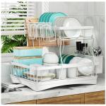 7 code Large Dish Drying Rack, 2-Tier Dish Racks for Kitchen Counter, Detachable Large Capacity Dish Drainer Organizer with Utensil Holder, Dish Drying Rack with Drain Board, White