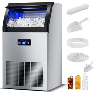 Commercial Ice Maker Machine 150 Lbs/24H Freestanding Stainless Steel Under Counter Ice Maker with 40lbs Ice Storage Capacity Scoop Water Filter Pipes for Restaurant Offices Bars Home