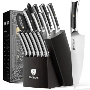 BRODARK Kitchen Knife Set with Block and Sharpener,15 PCS High Carbon Stainless Steel Knife Block Set, Ergonomic Pakkawood Handle for for Kitchen Cooking