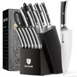 BRODARK Kitchen Knife Set with Block and Sharpener,15 PCS High Carbon Stainless Steel Knife Block Set, Ergonomic Pakkawood Handle for for Kitchen Cooking
