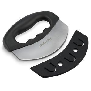 Checkered Chef Salad Chopper Tool with Cover, Mezzaluna Knife Stainless Steel Vegetable Rocker, Mincer, Cutter