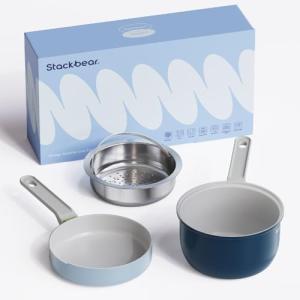 Ceramic Non Stick Cookware Set, 2.5QT Saucepan, 7" Egg Omelette Pan & 18/10 Stainless Steel Steamer, Induction Ready Frying & Sauce Pan Set, PTFE, PFOA & PFAS Free, Mix Blue