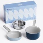 Ceramic Non Stick Cookware Set, 2.5QT Saucepan, 7" Egg Omelette Pan & 18/10 Stainless Steel Steamer, Induction Ready Frying & Sauce Pan Set, PTFE, PFOA & PFAS Free, Mix Blue