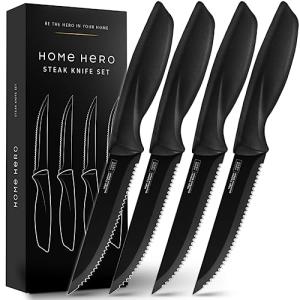 Home Hero Steak Knife Set - Effortless Cutting & Serrated Steak Knives - Rust-Resistant Stainless Steel Blades & Cutlery Set - Comfort-Grip Handles & Kitchen Knife Set - Pack of 4, Black