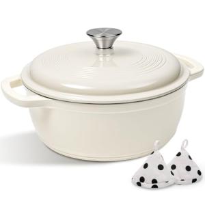 Enameled Cast Iron Dutch Oven Pot With Lid - AIVIKI 5QT Dutch Oven for Bread Baking With Cotton Potholders - Heavy-Duty Cookware for Braising, Stew, Roasting, Oven Safe up to 500°F, Cream White