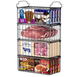 MSERCUOR Freezer Organizer Bins, 4 Pack Stackable Deep Chest Freezer Organizer Bins, Foldable Baskets with Handles, Black Storage Container Baskets for 5/ 7 Cu.FT Deep Freezer Sort Frozen Meats