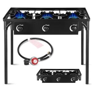 FSUON Outdoor Camping Stove, 225000 BTU, High Pressure 3 Burner, Propane Gas Cooker with Detachable Legs, 30 PSI Regulator