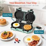 2-in-1 Double Waffle & Pancake Maker - CACHOO Mini 4" Nonstick Waffle Iron & Small Round Griddle with 4 Removable Plate Sets, Dishwasher Safe, Perfect for Small Spaces, Apartments & Dorms, Aqua