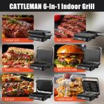 CATTLEMAN Panini Grill Press Sandwich Maker with Removable Plates, 6 in 1 Indoor Grill & Electric Griddle with Meat Thermometer, PFAS Free Ceramic Nonstick Reversible Plates, Opens Flat, 1600W