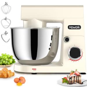 HOWORK Stand Mixer,10+p Speeds With 5.5QT Stainless Steel Bowl,Dough Hook, Wire Whip & Beater,for Most Home Cooks,Cream White