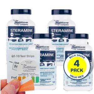 4 Bottles Steramine Sanitizer Tablets - 15x QT-10 Test Strip - Multi Purpose Sanitizing Tablets for Food Contact Surface, Kitchen, Restaurant Cleaning by FryOilSaver (600 Count)