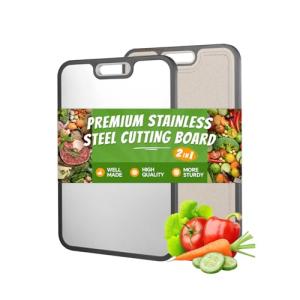 A Stainless Steel Cutting Board Ideal for Women and The Elderly,Metal Cutting Boards For Kitchen Double Sided Food Grade,Stainless Steel/Wheat Straw PP,Easy to Clean Size 15”×10”