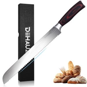 DiiHAUZZ Bread Knife, 10 Inch Serrated Bread Cutter, High Carbon Stainless Steel Razor Sharp Sourdough Slicing Knife, Professional Bakery Kitchen Knives with Ergonomic Handle for Homemade Bagel, Cake