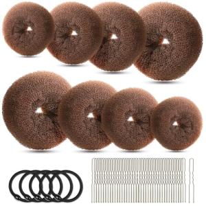 FANDAMEI Hair Bun Maker Set- 8 PCS Hair Donuts for Buns (2 Extra-large,2 Large,2 Medium and 2 Small), 40 PCS Bobby Pins, 5 PCS Hair Elastic Ties Black,Bun Maker - Light Brown