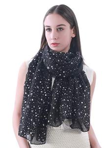 Lina & Lily Silver Gold Glitters Shimmer Foil Stars Women Scarf Shawl Wrap (Black (silver stars))