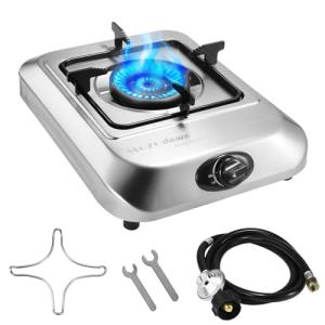Single Burner Propane Stove 15000 BTU, Portable Gas Single Propane Burner, 1 Burner Camping Stove with LPG Adapter Hose for Indoor and Outdoor Cooking, Unique Body Integrated Design